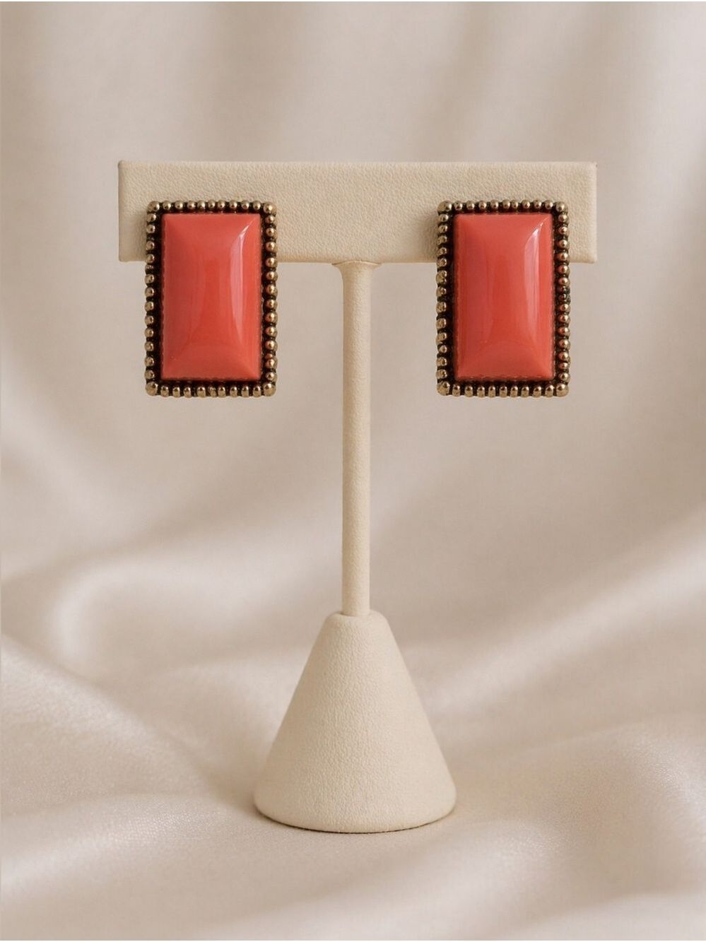 Vintage Coral Cabochon Clip On Earrings Gold Tone Rectangle Statement
